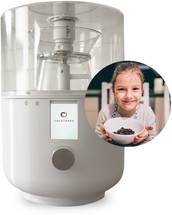 CocoTerra chocolate-making kitchen appliance.  Girl with bowl of homemade chocolate.