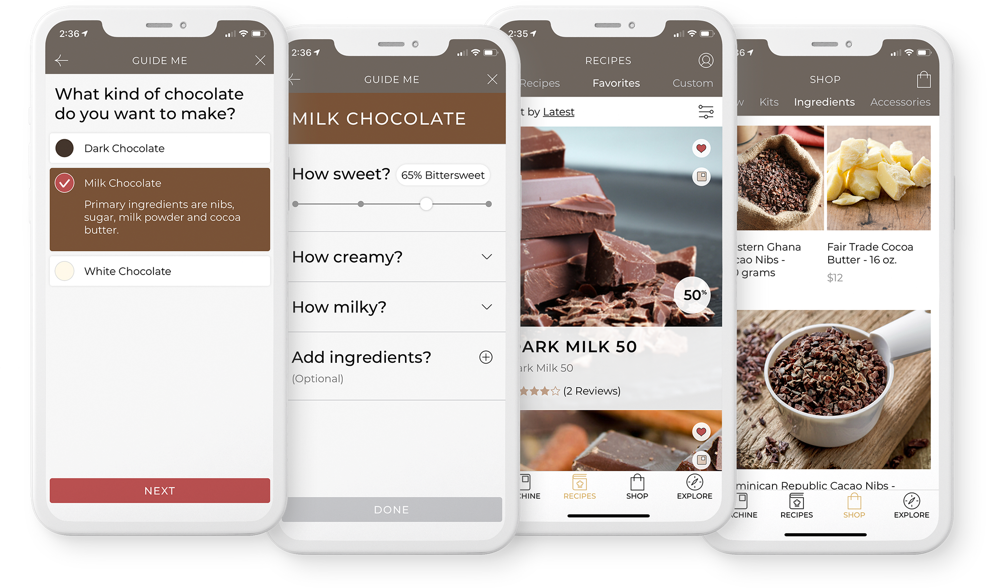 CocoTerra mobile app allows you to select recipes, buy ingredients and track your chocolate making.